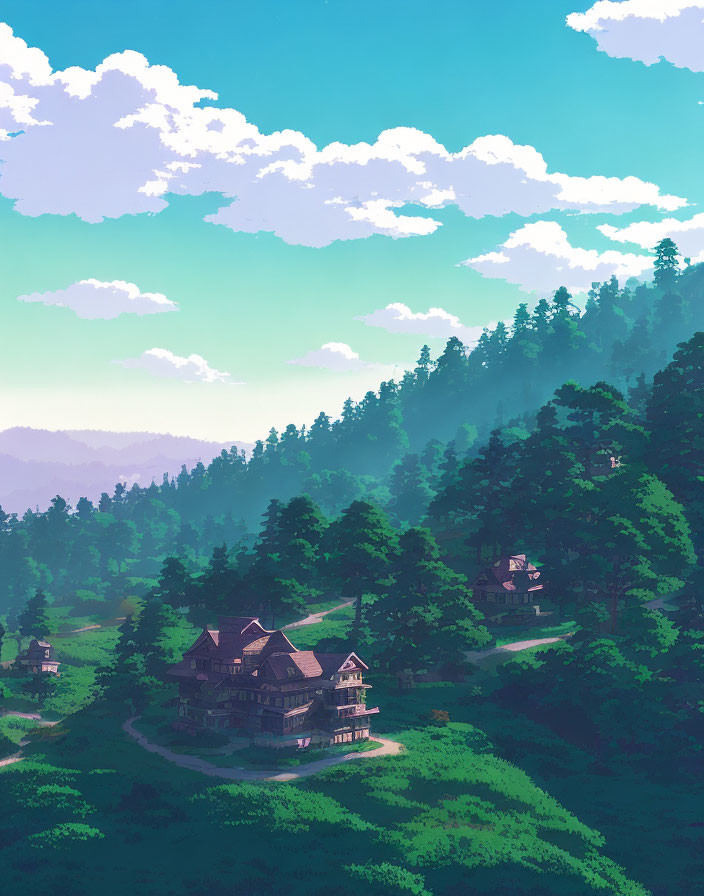 Tranquil illustration of a large forest house under clear blue sky