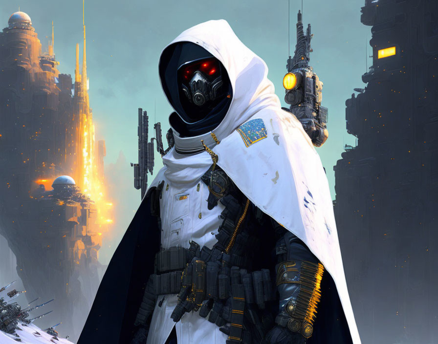 Sci-fi cityscape with futuristic figure in white cloak and robotic helmet.