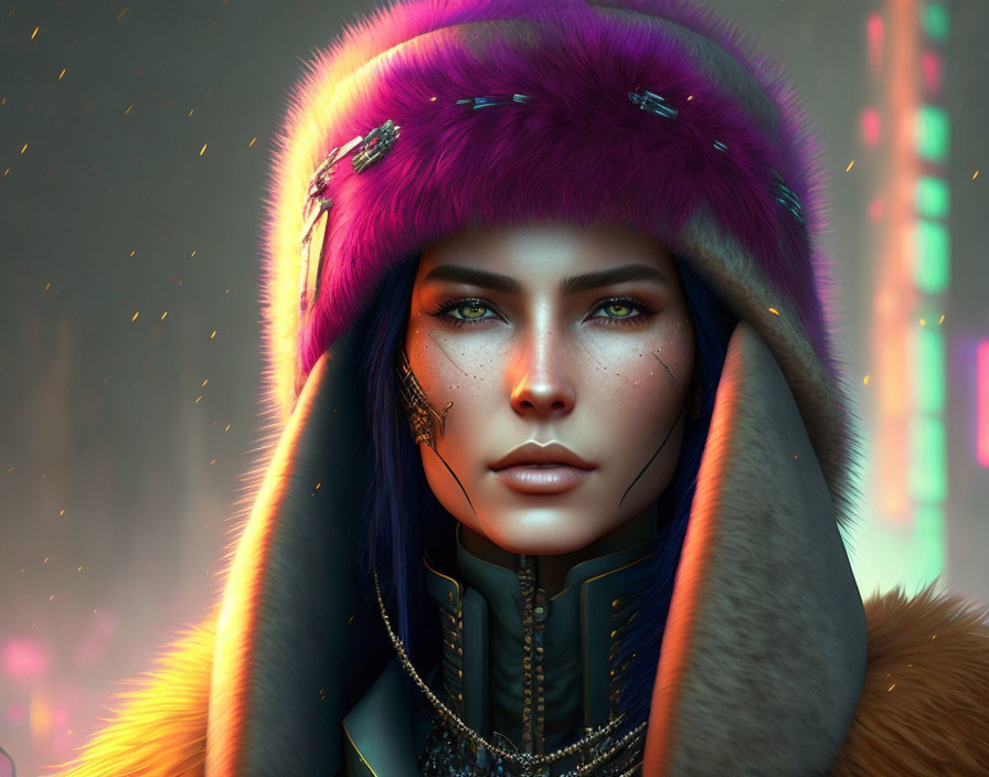 Vibrant digital portrait of woman in purple fur hat and coat with neon lights.