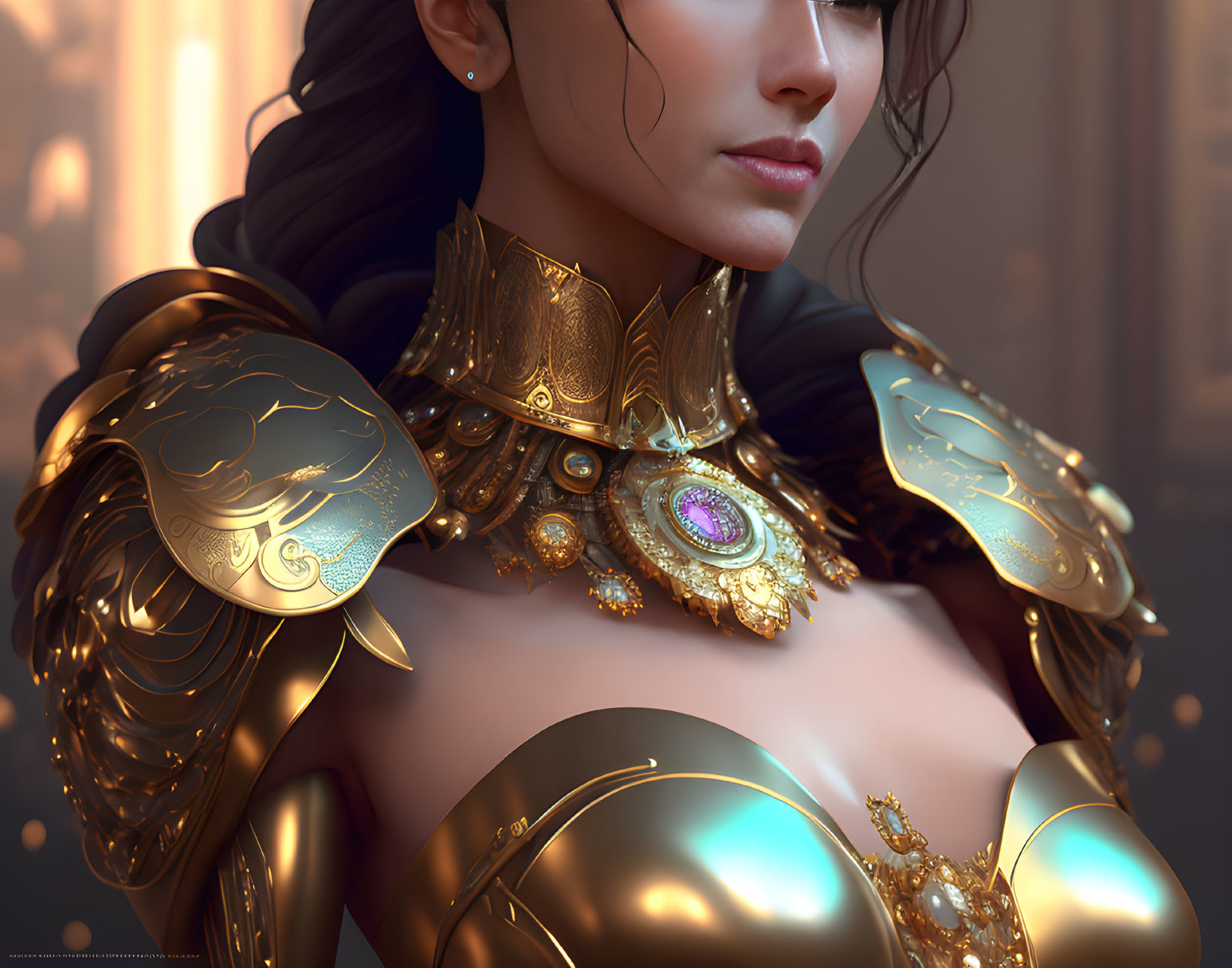 Woman portrait in ornate golden armor with intricate designs and central gemstone on soft glowing backdrop