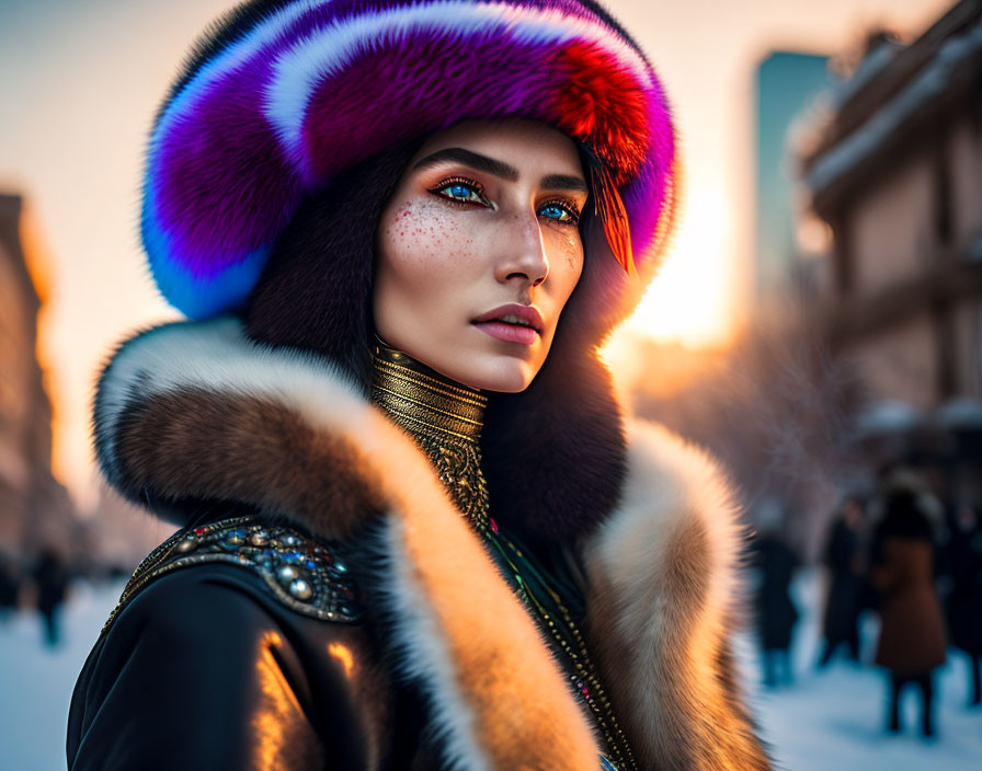 Woman with Blue Eyes in Fur Hat and Coat Outdoors at Sunset