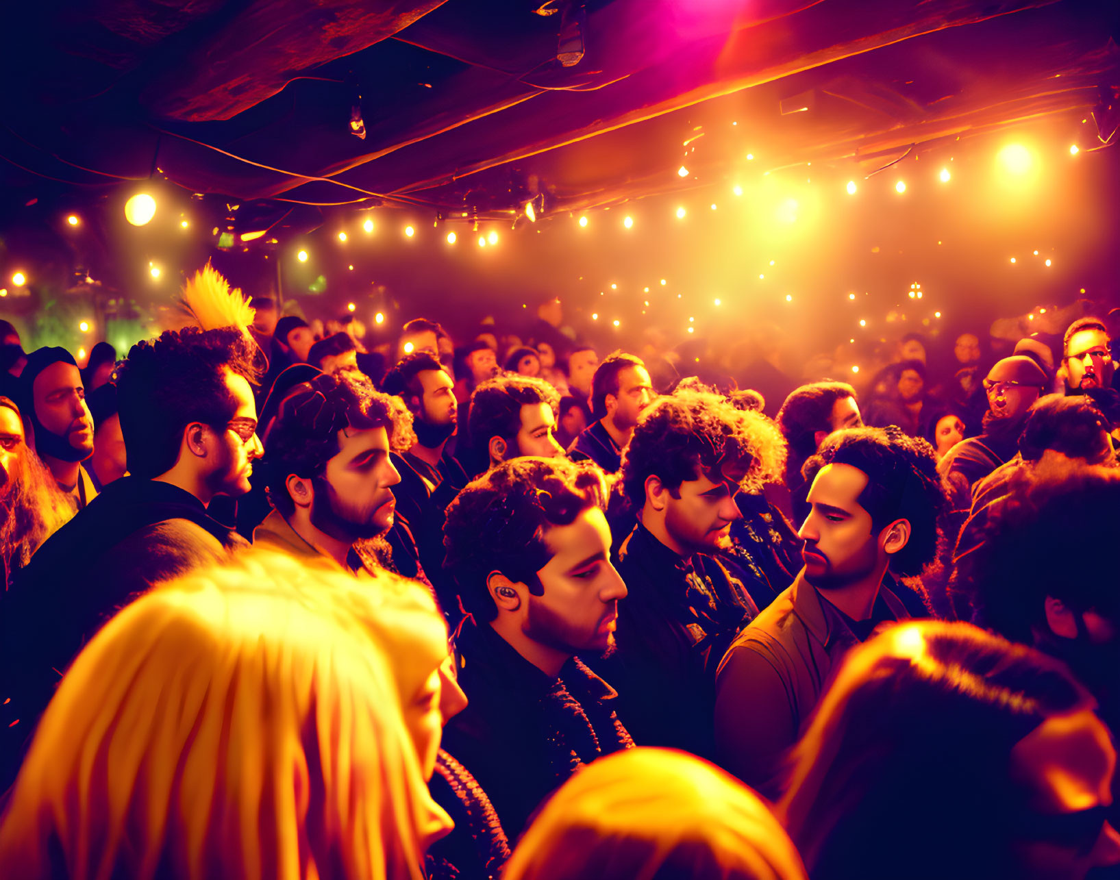 Colorful concert scene with diverse audience under warm lighting