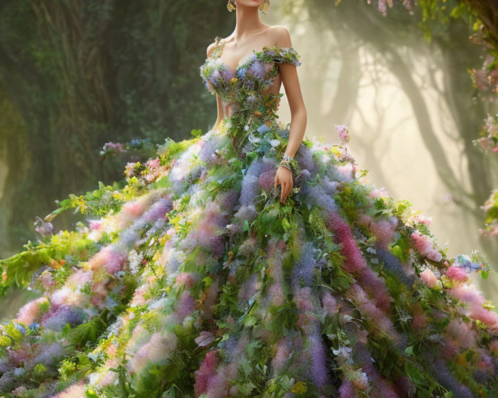 Woman in Floral Gown Poses in Mystical Forest Setting