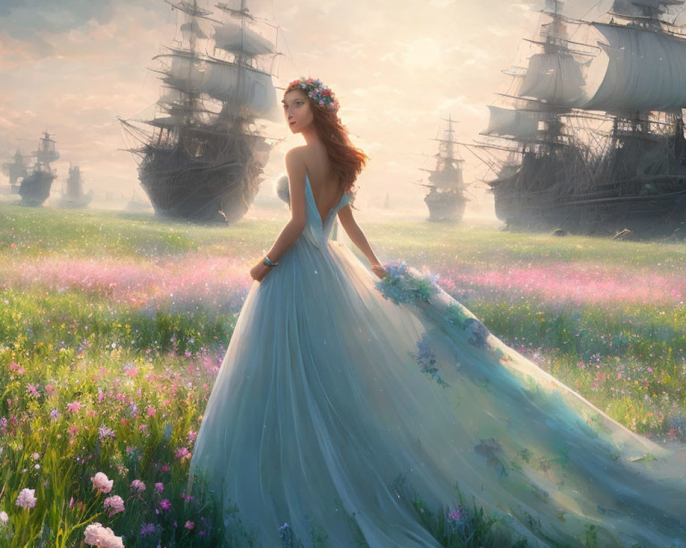 Woman in Blue Gown in Meadow with Tall Ships Emerging