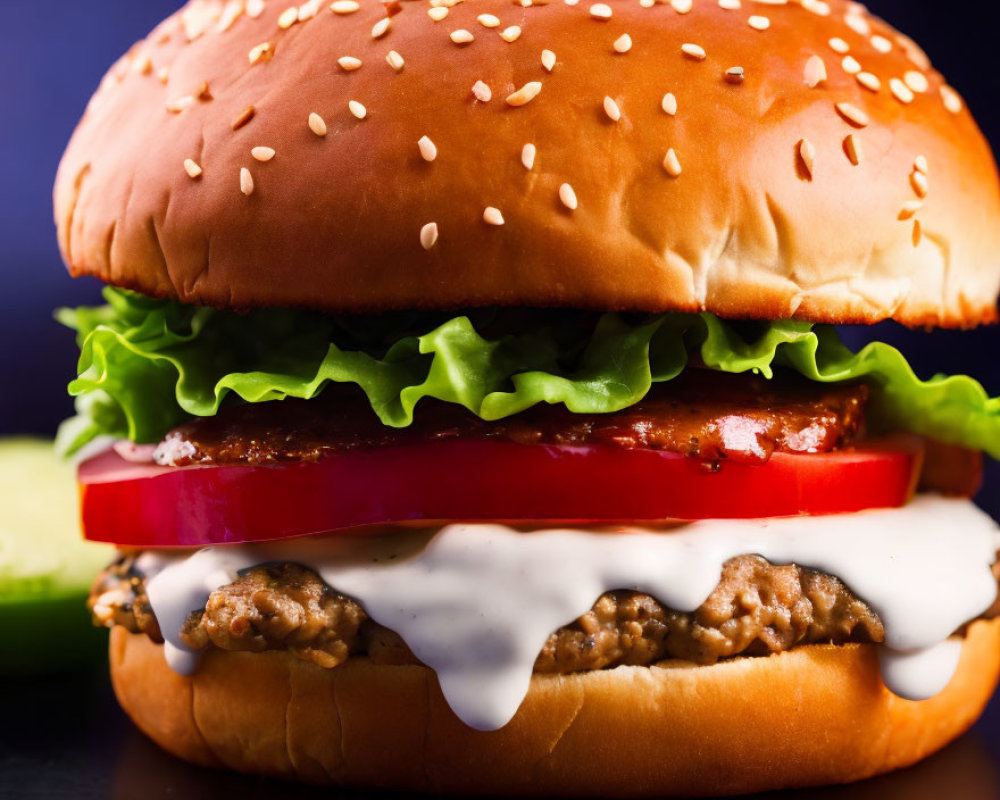 Detailed Close-Up of Double Beef Patty Burger with Cheese and Lettuce on Sesame Bun