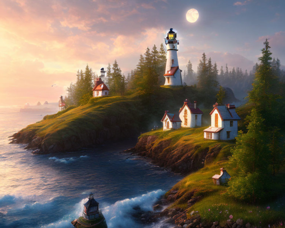 Coastal Landscape with Lighthouse, Houses, Sunset, and Full Moon