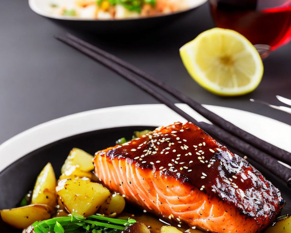 Grilled Salmon Fillet with Sesame Seeds and Roasted Potatoes Meal Setup