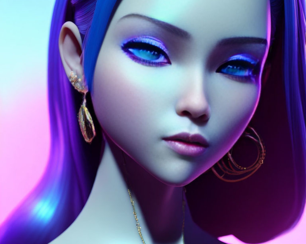 Vibrant blue hair and makeup on female figure against purple background