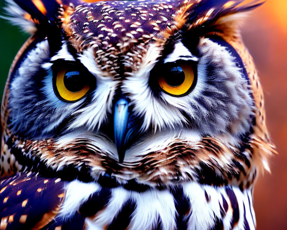 Majestic owl with yellow eyes and intricate plumage on blurred background