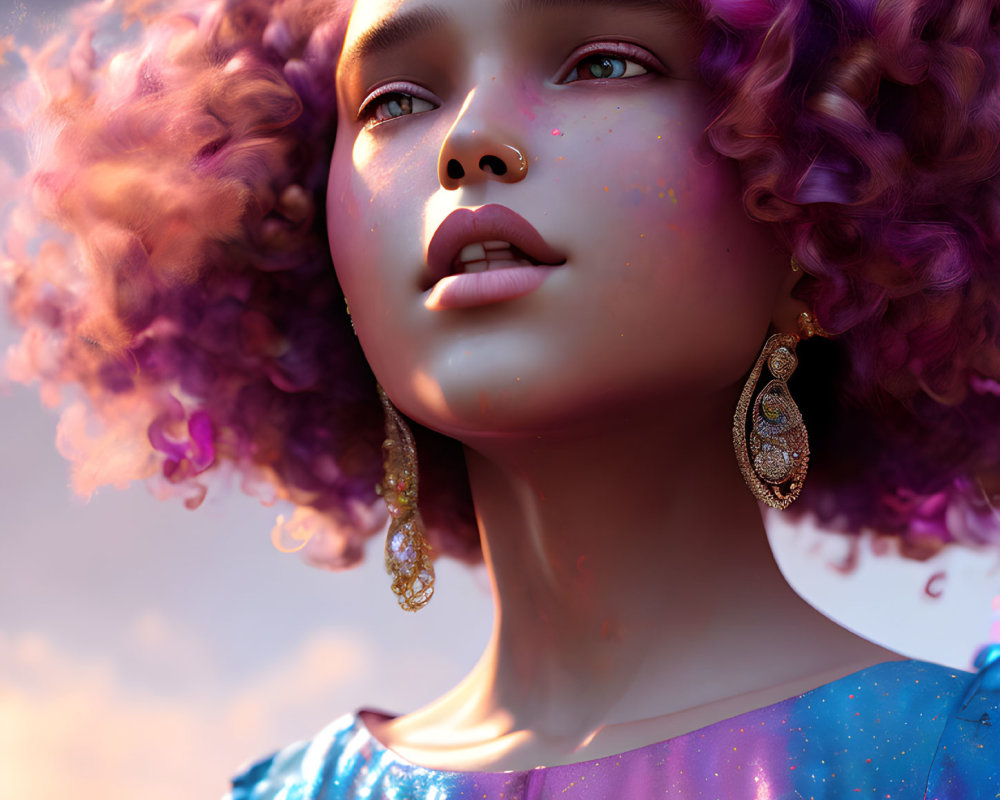 Portrait of young person with voluminous curly purple hair and painted specks, wearing ornate golden earrings