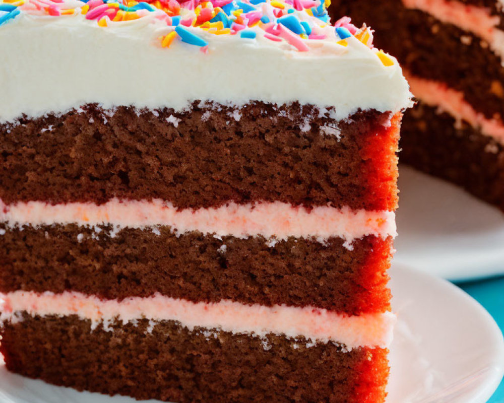 Layered Chocolate Cake with White Frosting and Sprinkles on White Plate