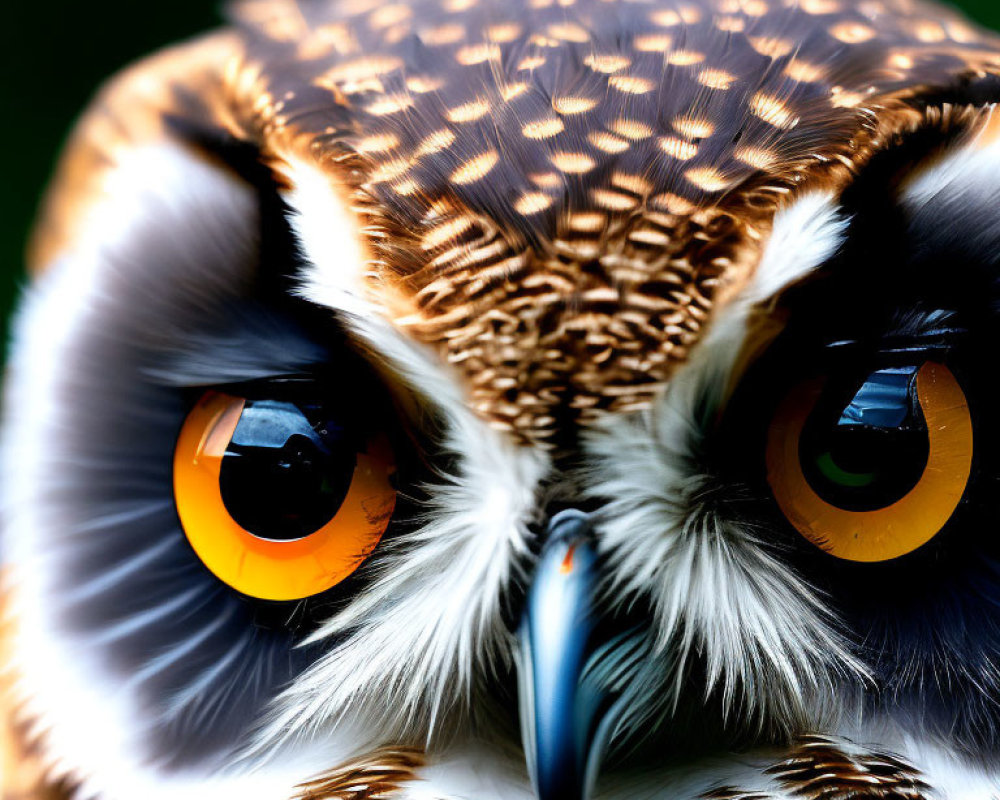 Brown and White Owl with Orange Eyes and Sharp Beak on Green Background