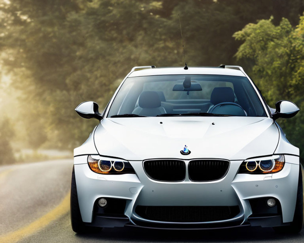 Silver BMW 3 Series Car with Twin Headlights and Kidney Grille on Misty Road