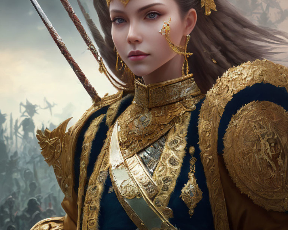Regal woman in golden armor wields sword in fantasy battle scene