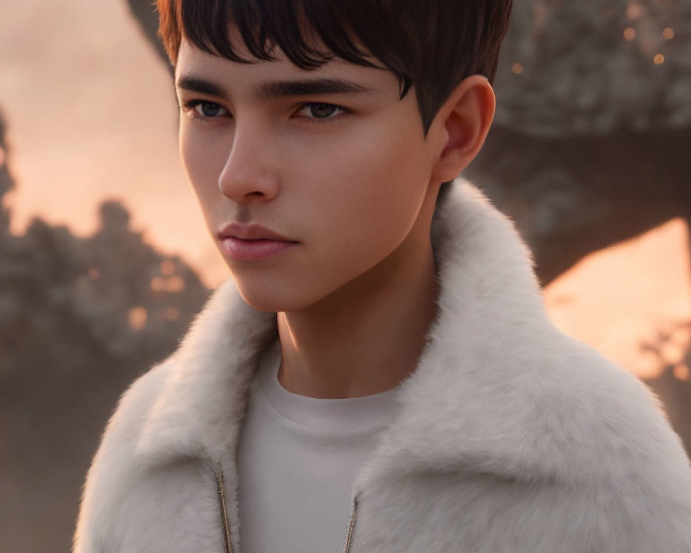 Digital artwork of young person with dark hair in white fur jacket against blurred backdrop