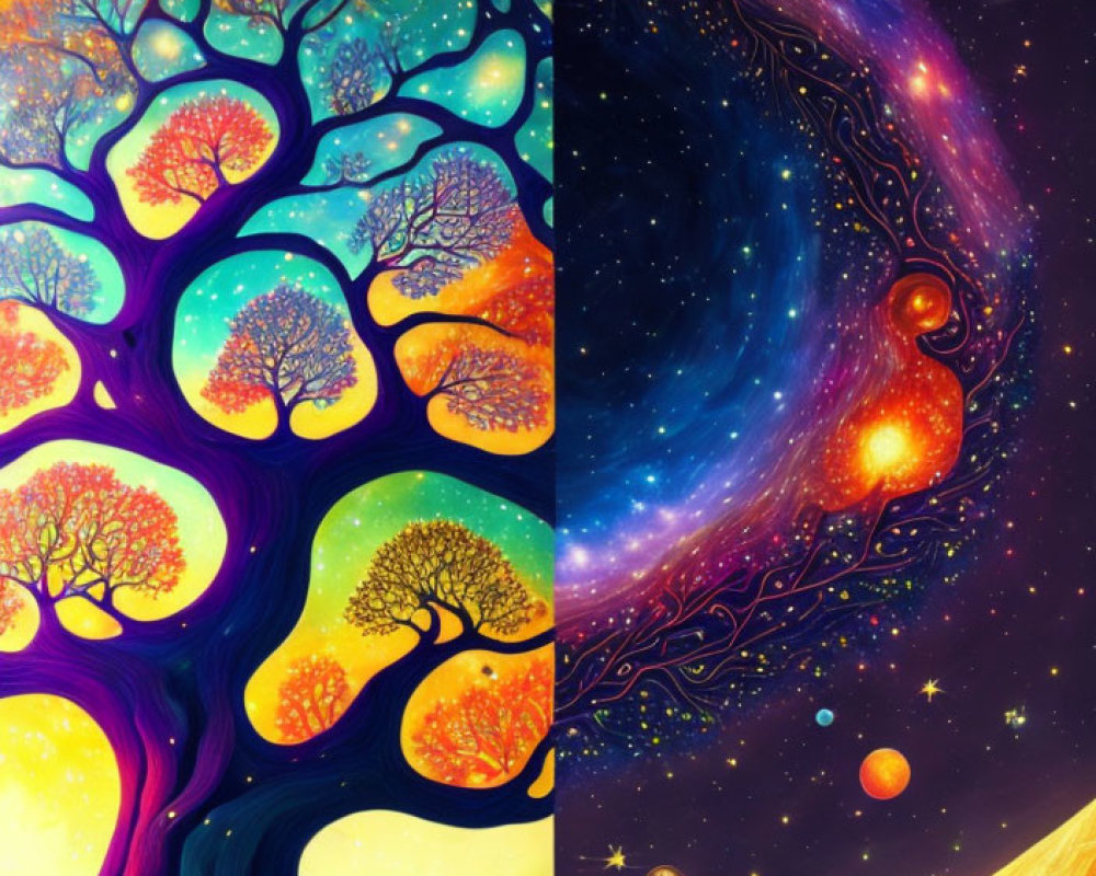 Colorful nature and cosmos fusion with stylized trees and cosmic elements