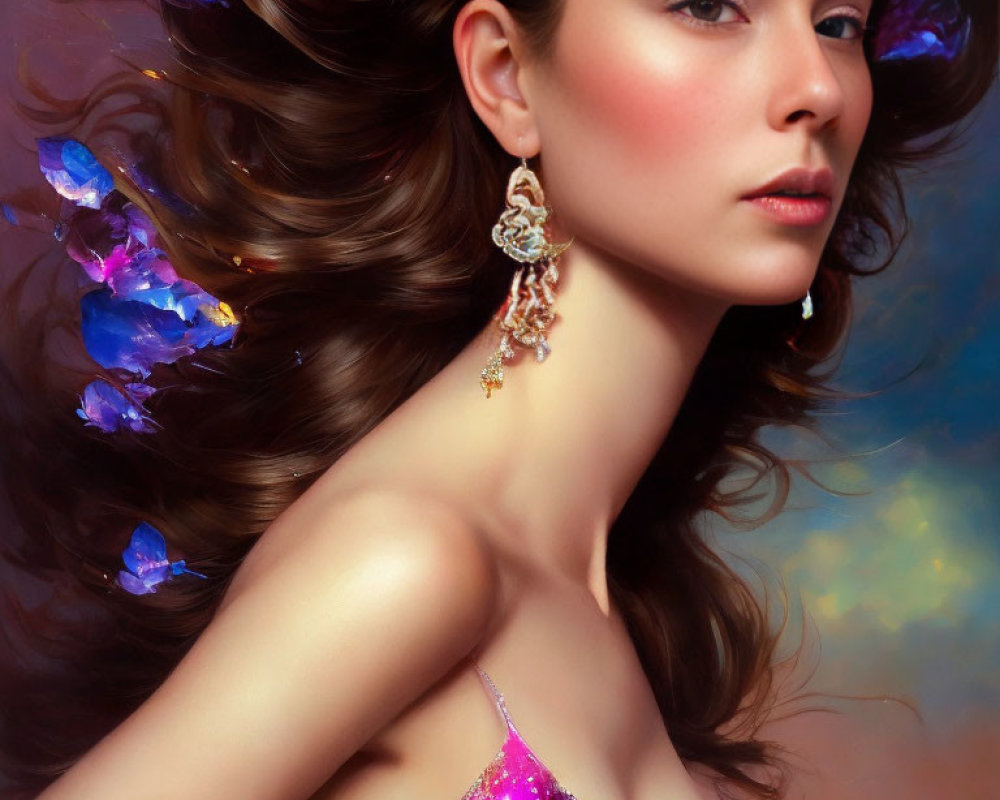 Elegant woman in sparkly purple dress with flowing hair and bindi, set against butterfly backdrop