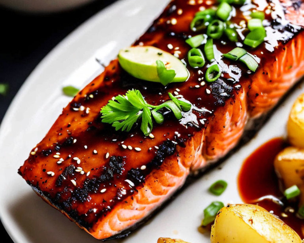 Sesame-Glazed Salmon Fillet with Green Onions and Lime on Plate