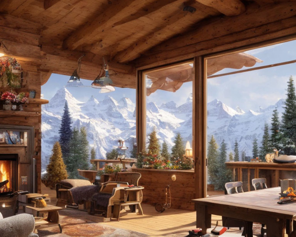 Rustic cabin interior with fireplace, comfy furniture, snowy mountain view