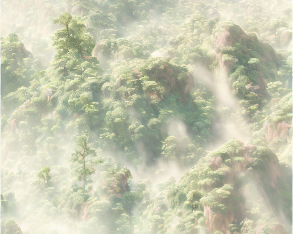 Lush Greenery and Foggy Mountain Landscape with Rocks