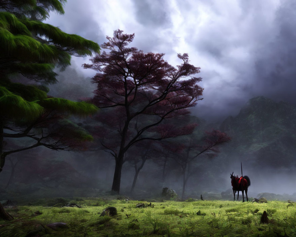 Mystic forest with red-foliage tree, mist, horse-like figure, and cloudy sky