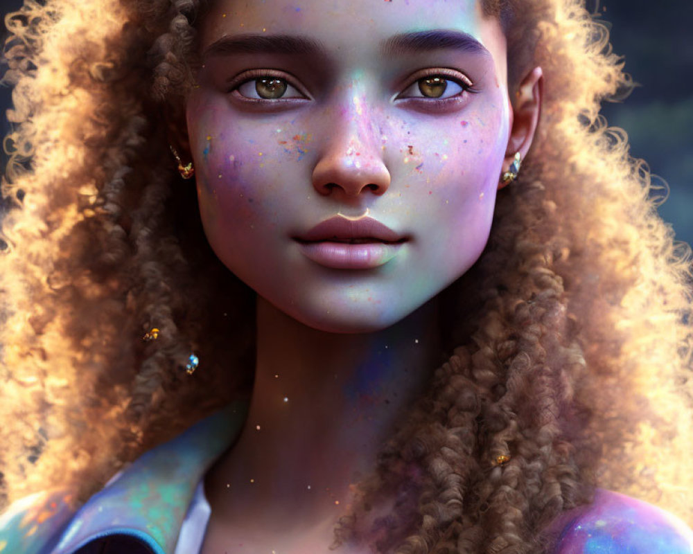 Curly-haired girl with celestial freckles in digital portrait