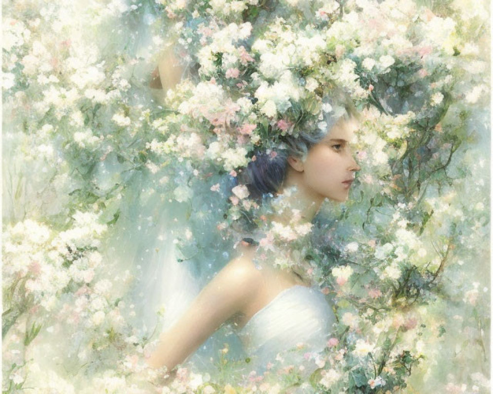 Ethereal women in dreamy haze with pastel flowers