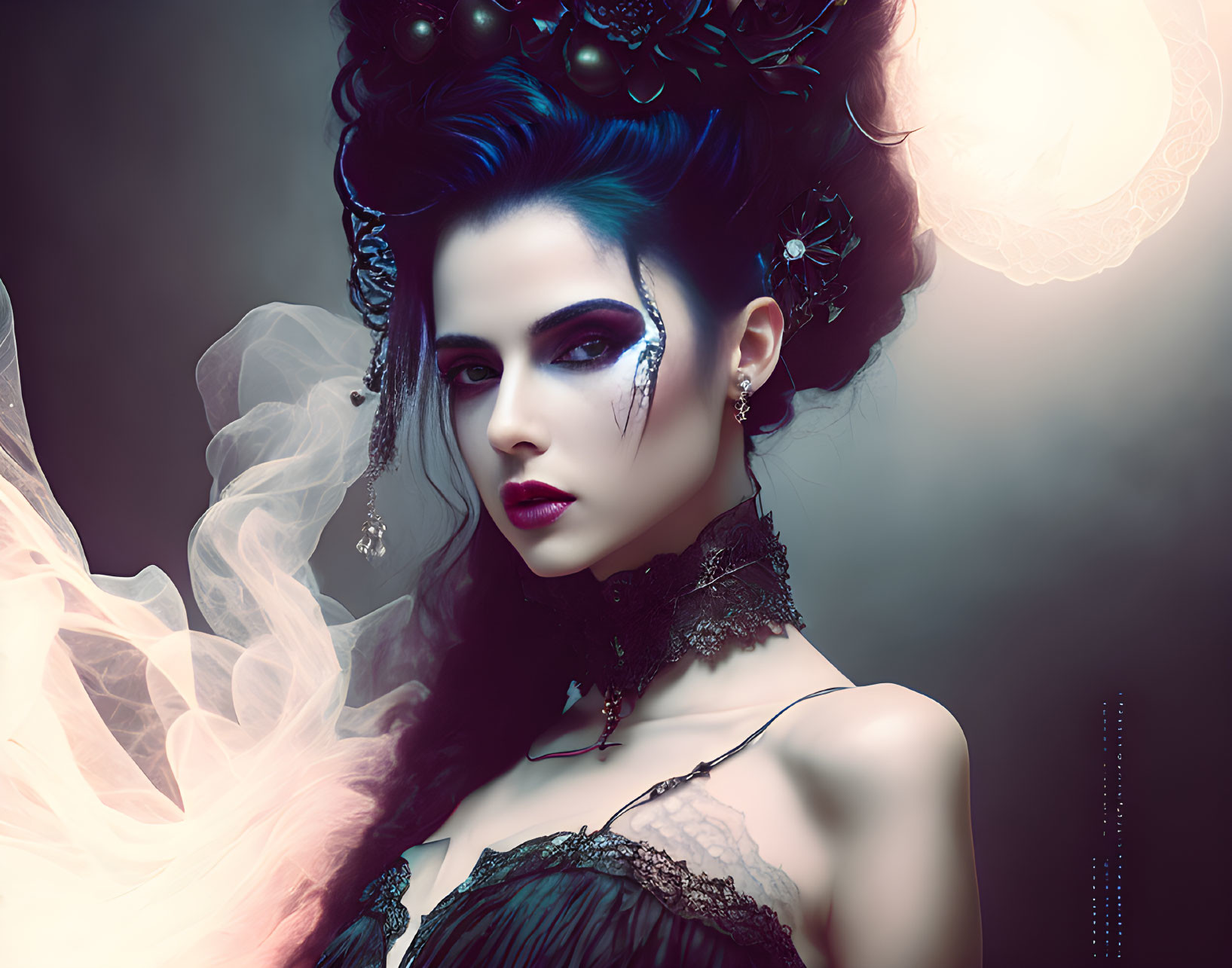 Woman with Blue Hair in Gothic Attire and Dramatic Makeup