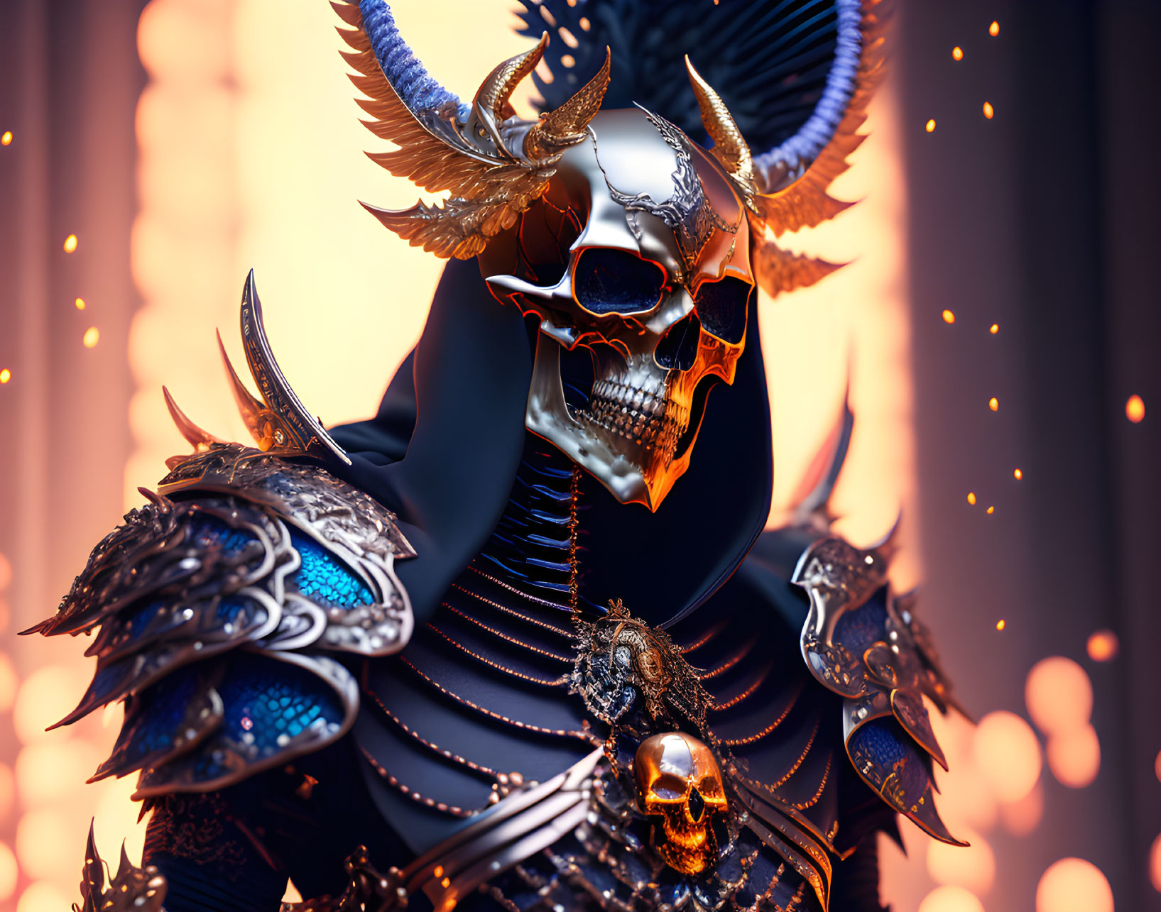 Fantasy figure with skull face, golden horns, intricate armor, glowing embers background