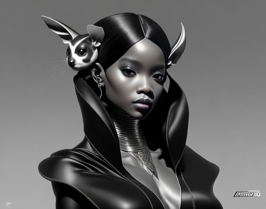 Digital Artwork: Woman with Stylized Horns and Unique Accessories