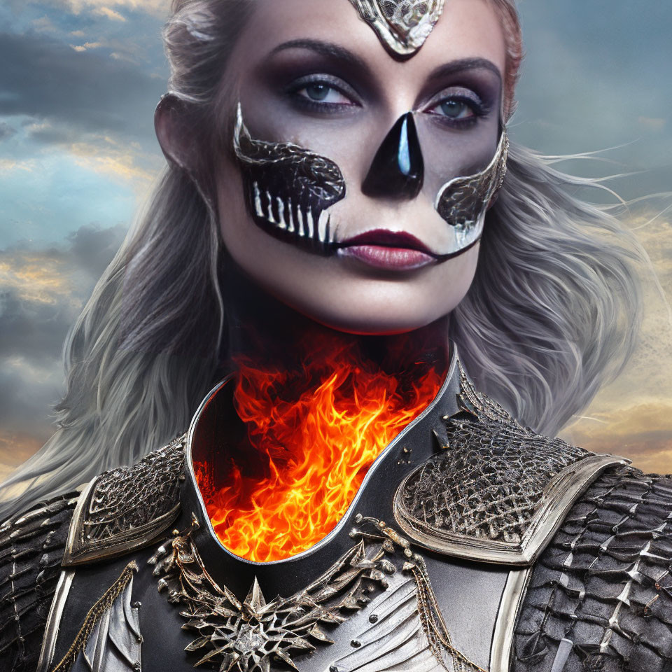 Half Skull Face Paint on Woman with Fiery Neck and Silver Armor