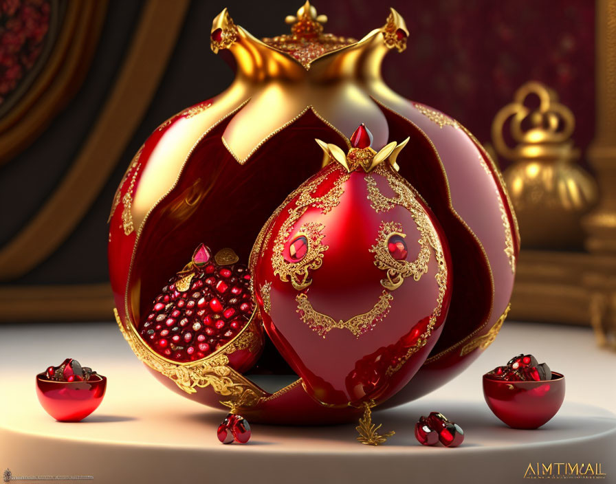 Ornate golden pomegranates with red color and jewels on luxurious backdrop