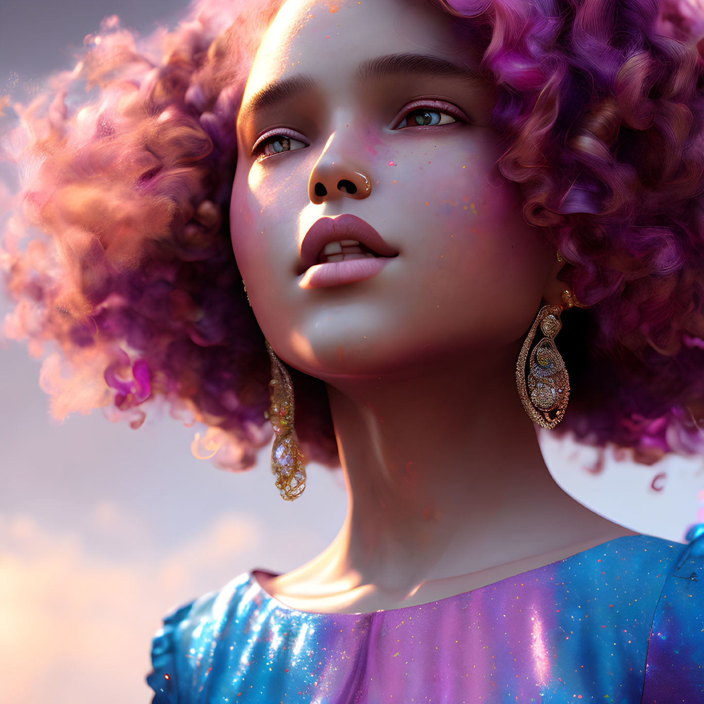 Portrait of young person with voluminous curly purple hair and painted specks, wearing ornate golden earrings