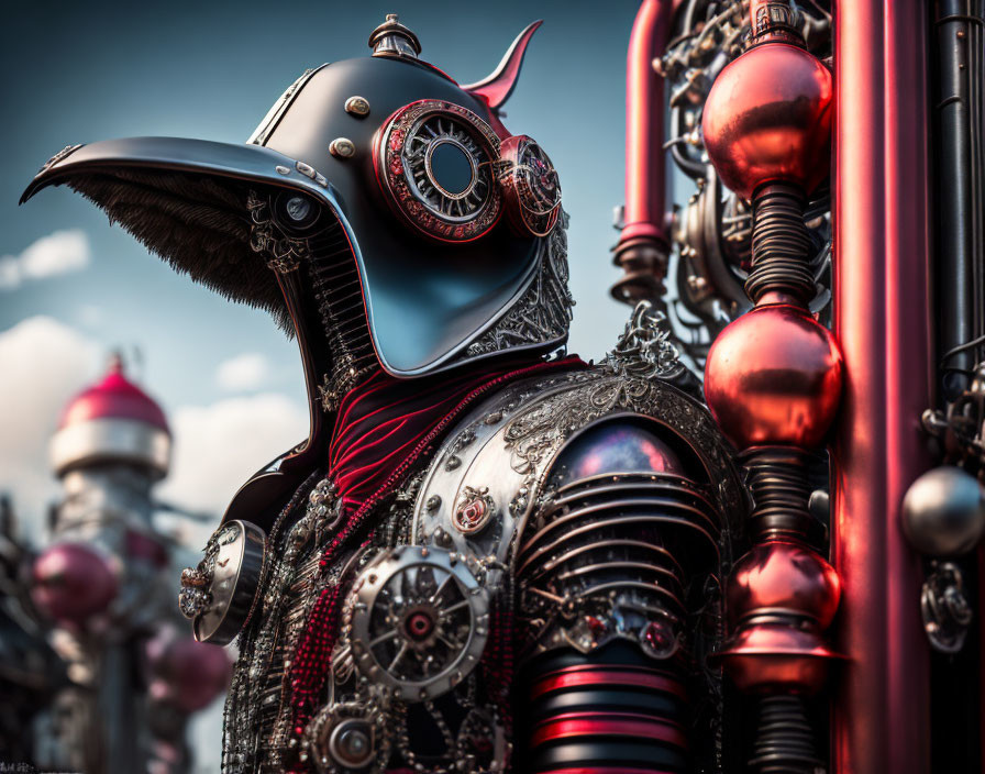 Stylized steampunk-inspired armor with plumed helmet on person in image