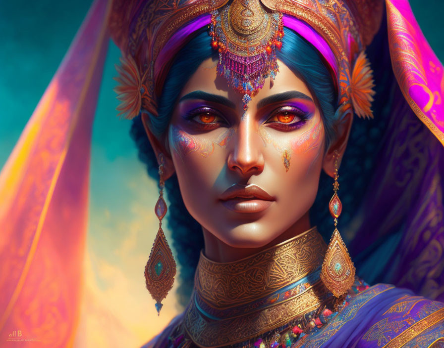 Vivid digital artwork of regal woman with blue skin and ornate gold jewelry