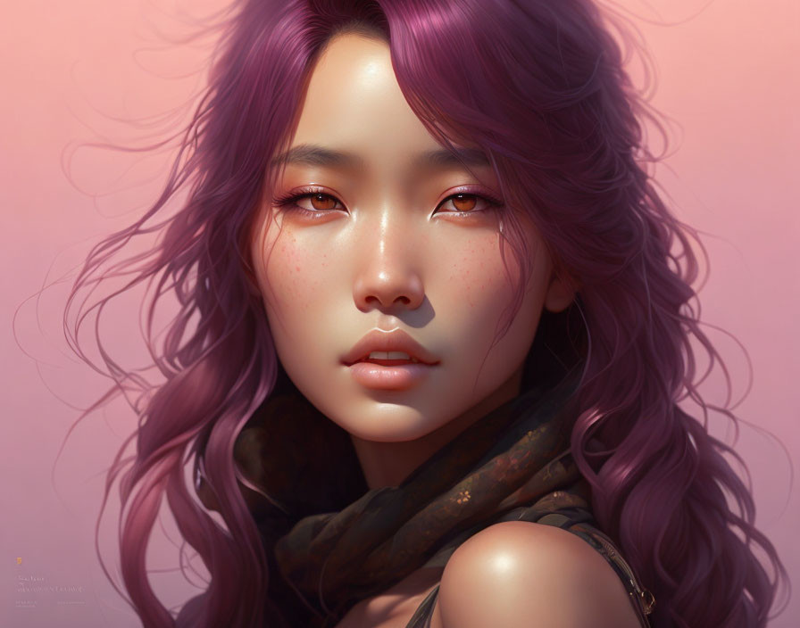 Digital artwork: Person with purple wavy hair and freckles on soft pink background