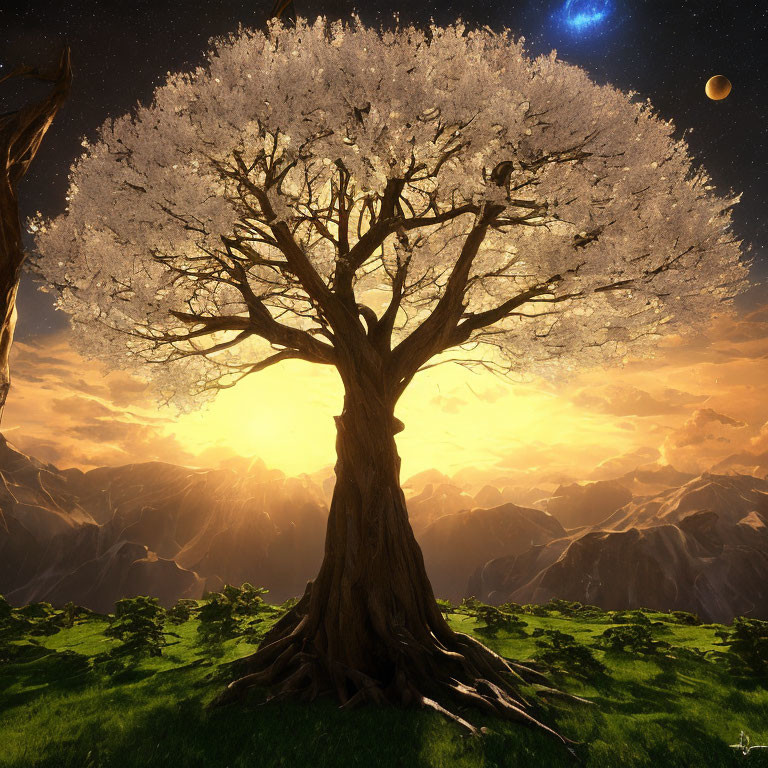 Luminous white leaves tree at sunset with mountains and planets.