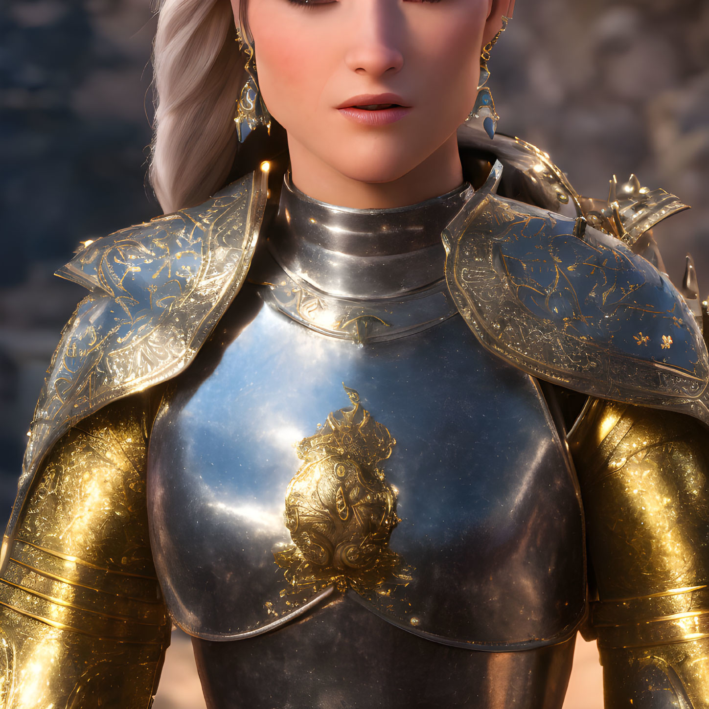 Detailed Close-Up of Woman in Ornate Golden Armor with White-Blonde Braided Hair