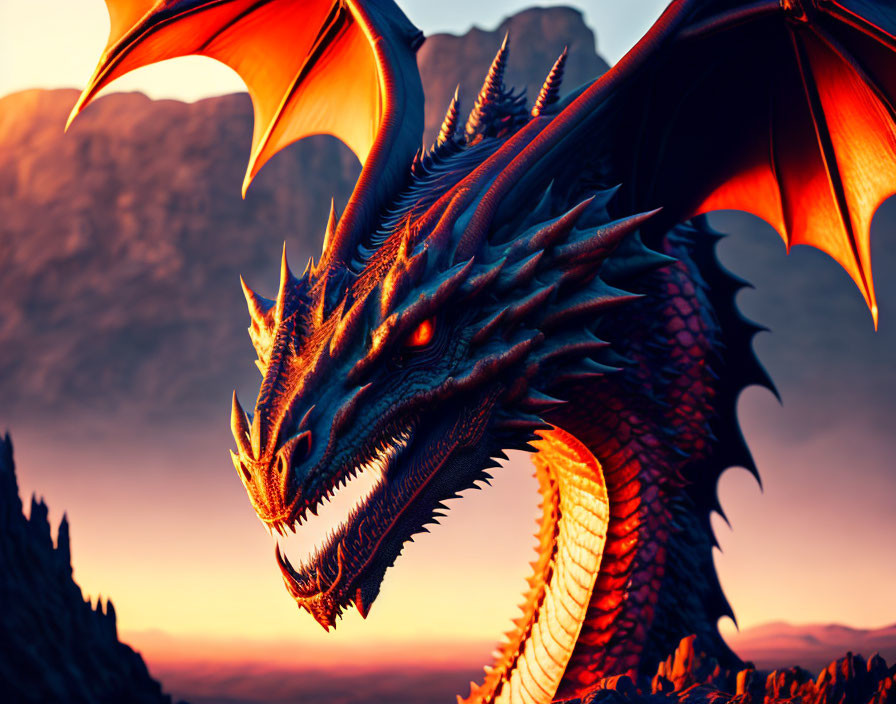 Majestic dragon with spread wings in fiery gaze against mountain sunset