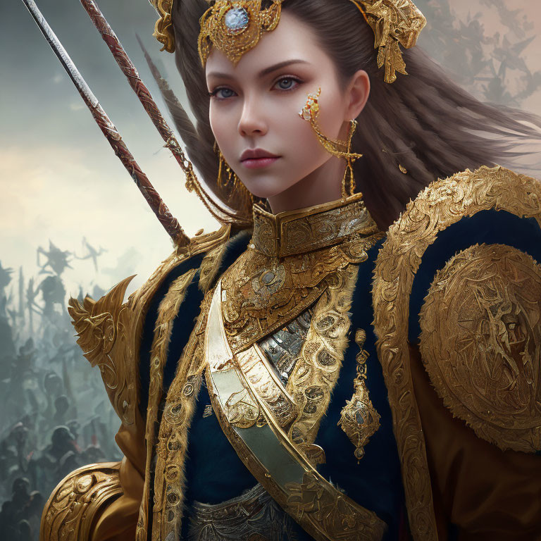 Regal woman in golden armor wields sword in fantasy battle scene