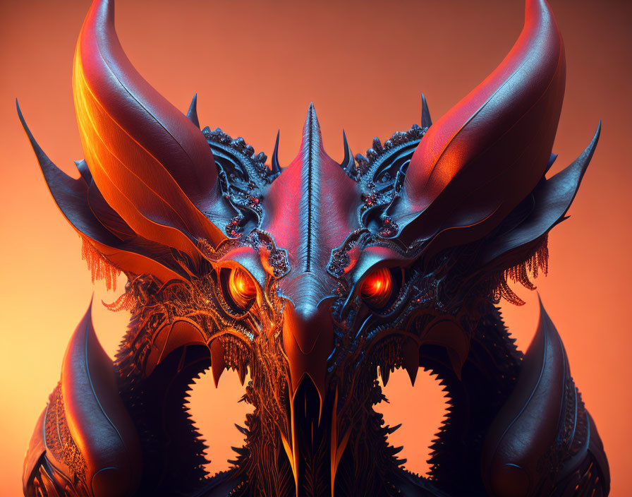 Detailed digital artwork: Menacing dragon with glowing red eyes and intricate horns on orange backdrop