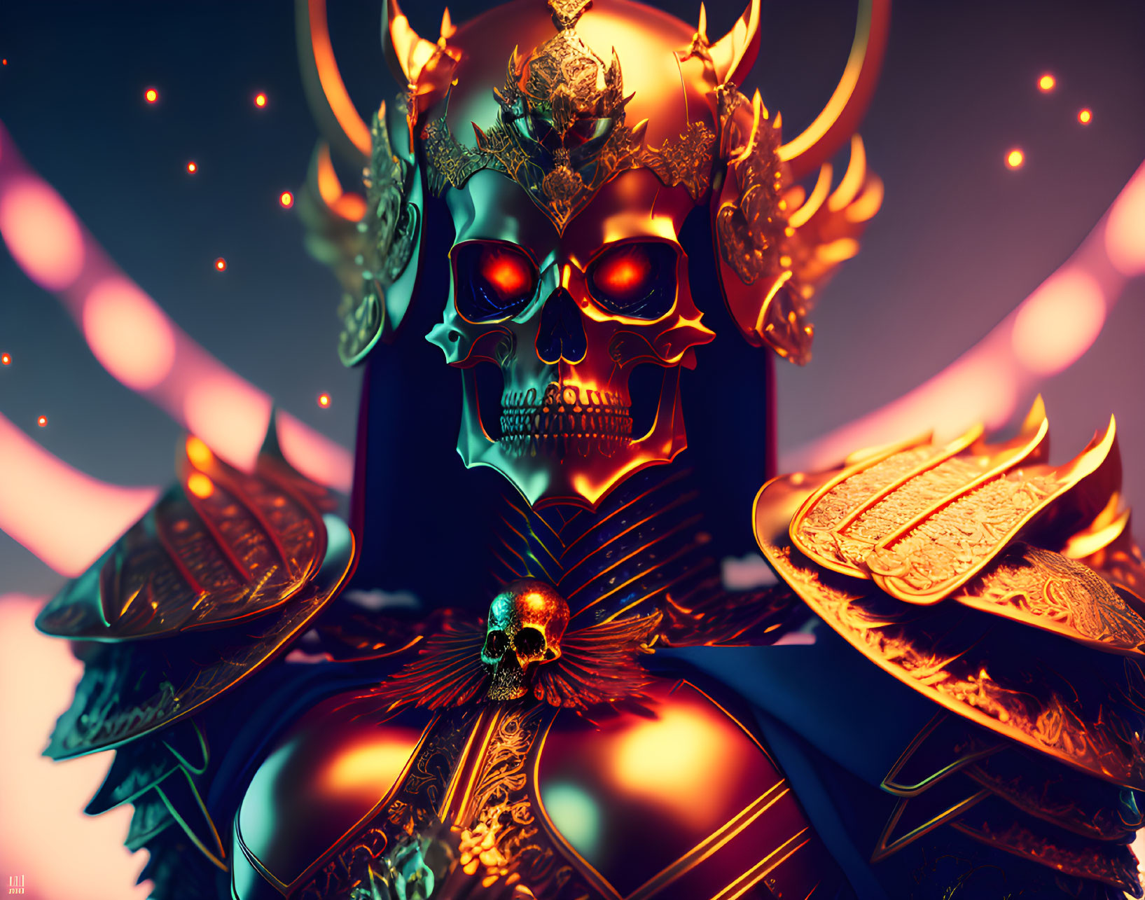 Skull with glowing eyes in gold armor under red light