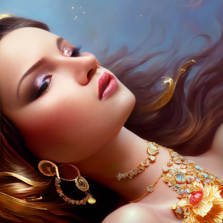 Portrait of a woman with elaborate jewelry and flowing hair in ethereal setting