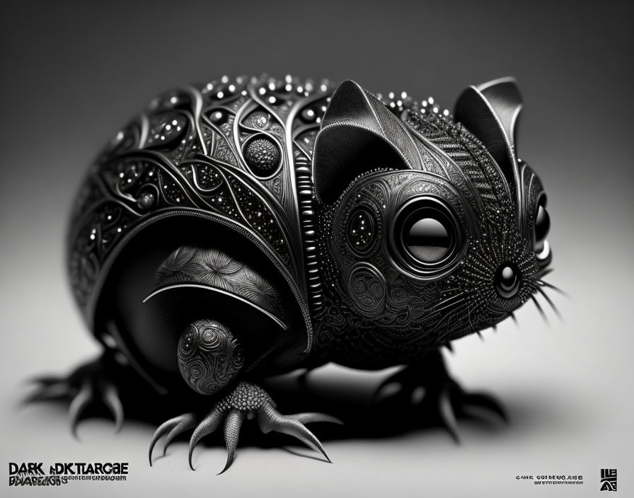 Detailed Black and White Stylized Rodent with Ornate Patterns and Textures