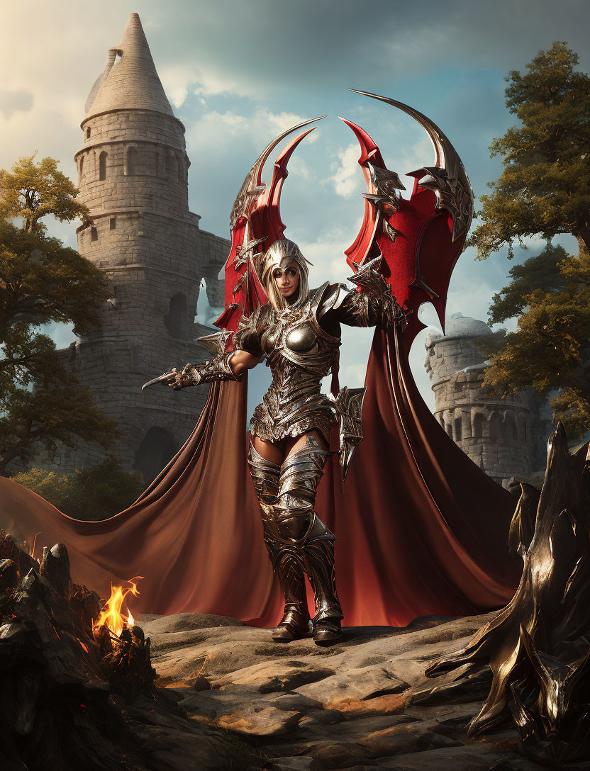 Fantasy warrior in ornate armor with large sword and red cape in front of castle