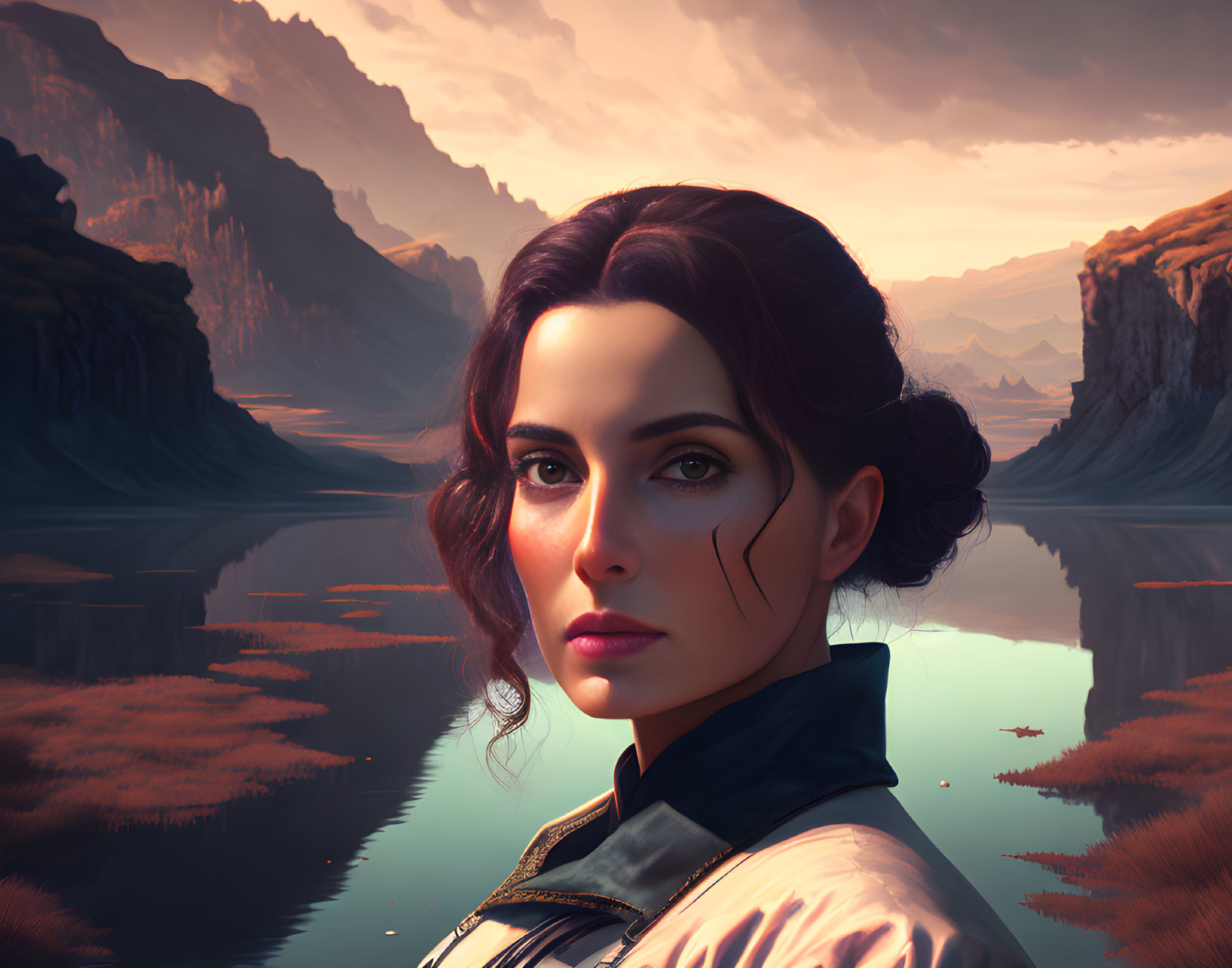 Dark-haired woman in surreal landscape with mountains and water