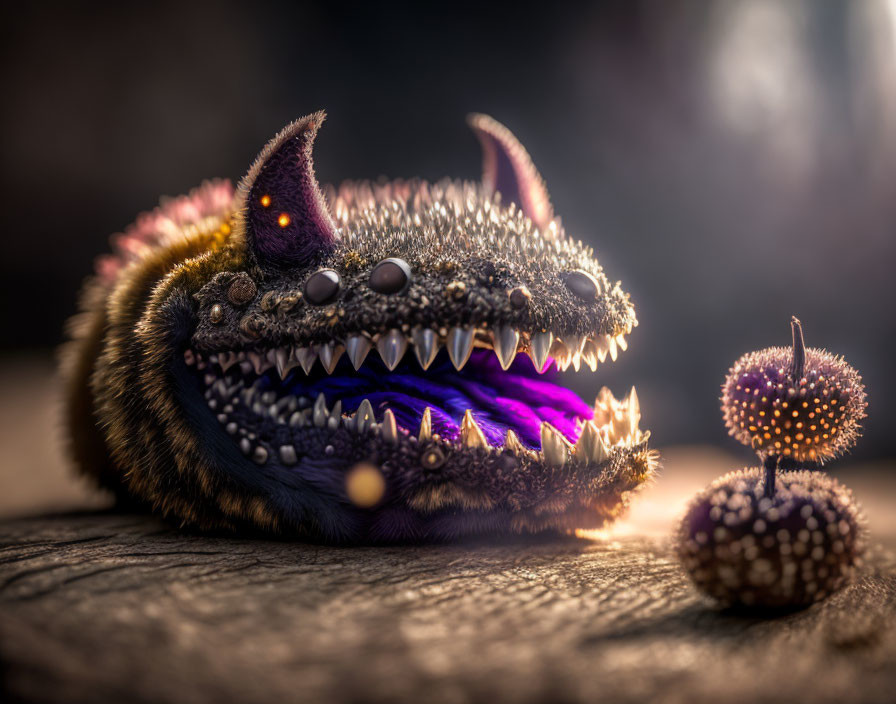 Fantastical creature with sharp teeth and multiple eyes in dimly lit scene