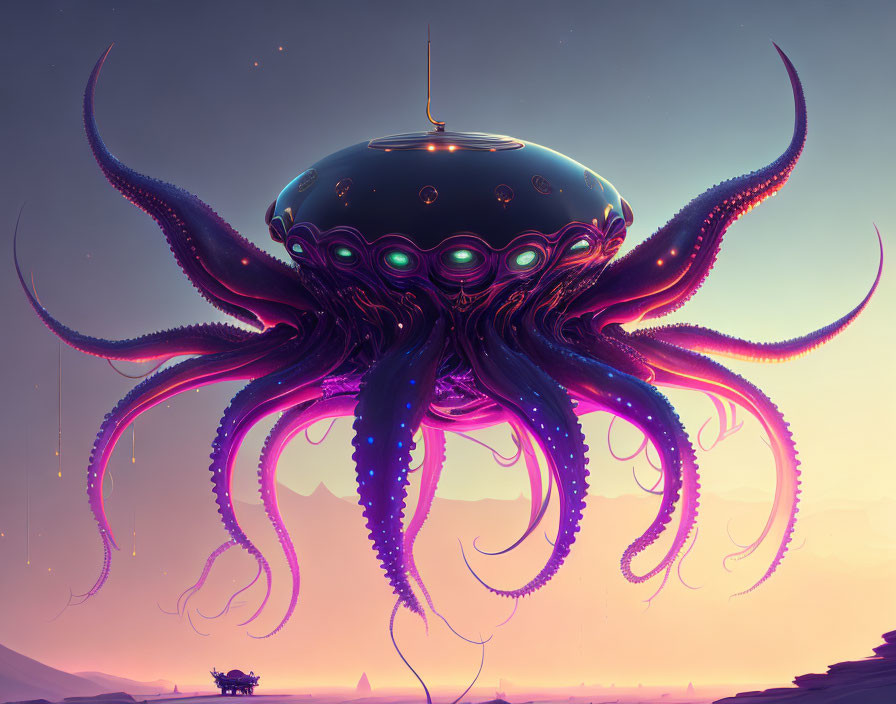 Surreal artwork: Colossal octopus creature in alien landscape