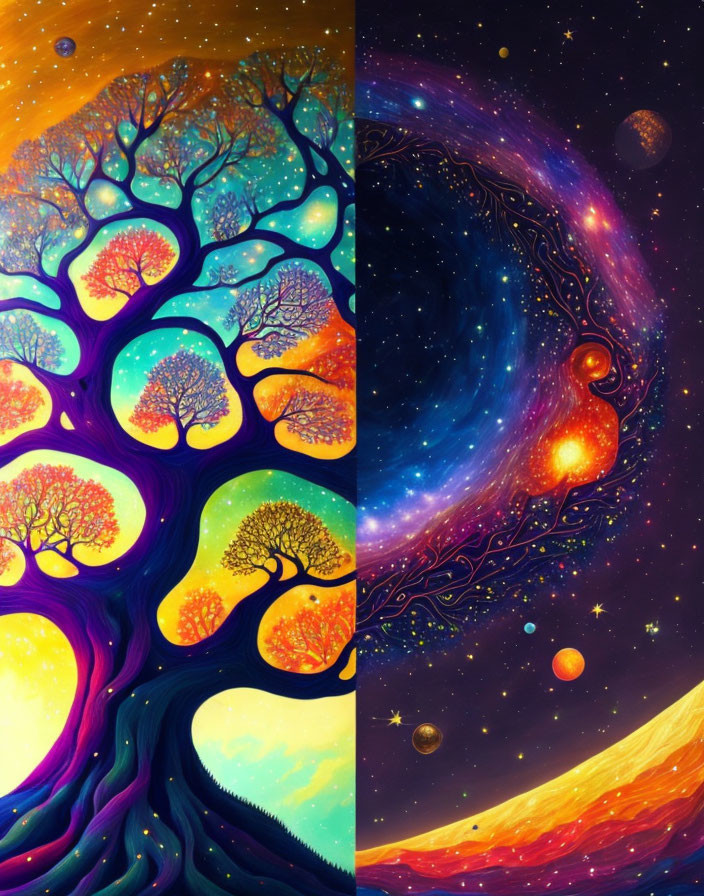 Colorful nature and cosmos fusion with stylized trees and cosmic elements