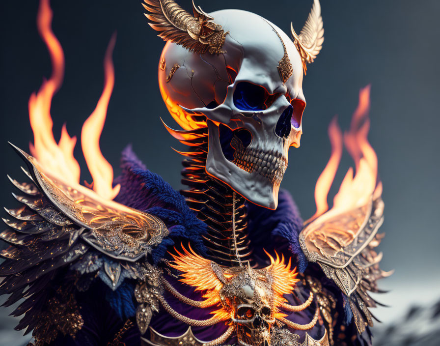 Metallic Skull with Golden Ornaments and Winged Shoulder Pads in Flames